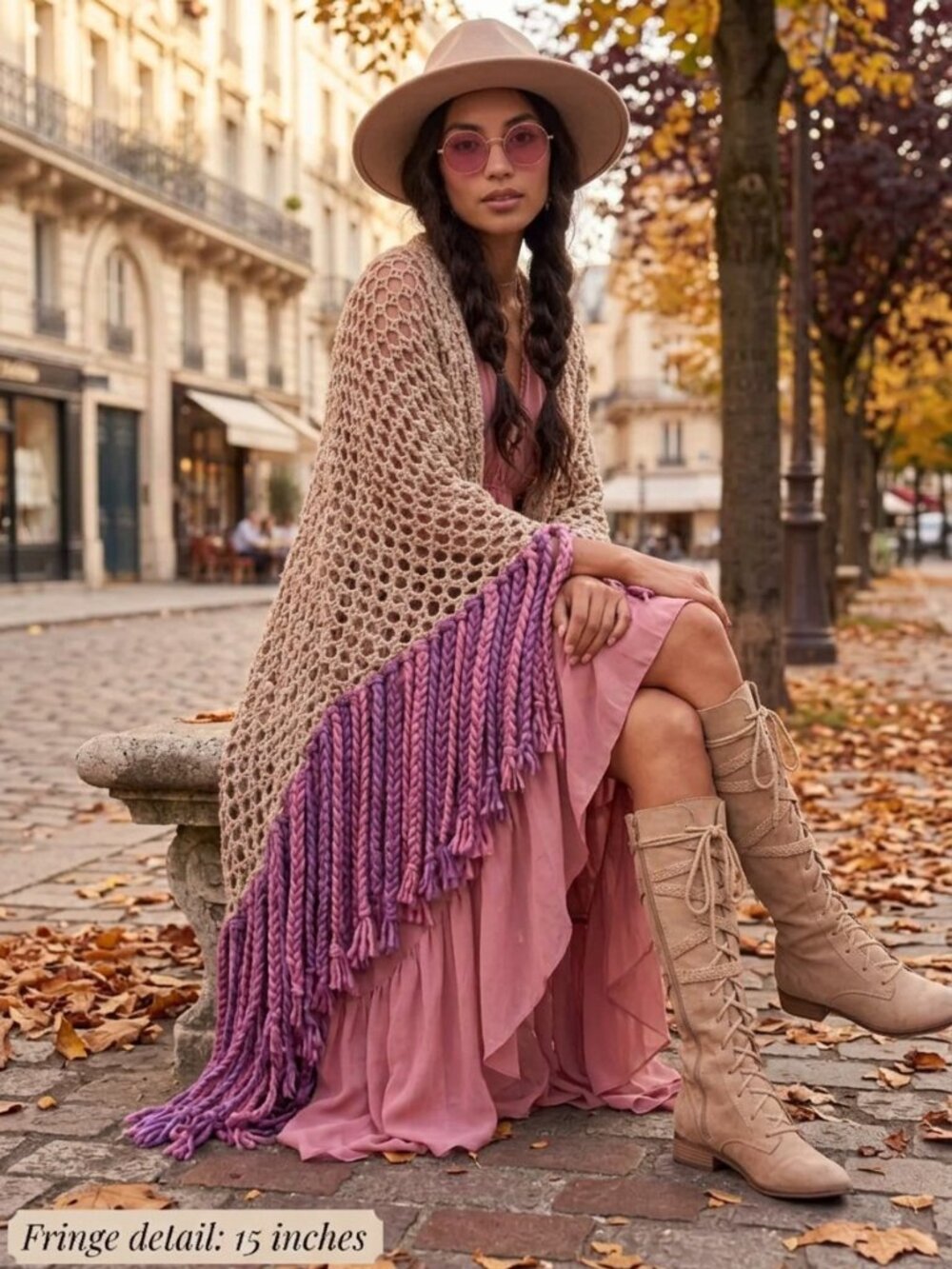 Boho Beige Multi colors Purple pink Bulky Double Braided Fringe Shawl O/S